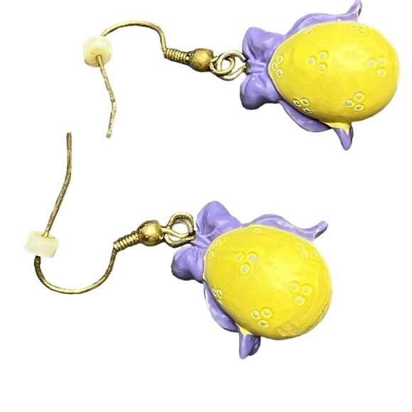 Vintage‎ Cute Yellow Easter Egg Purple Bows Spring Fashion Dangle Earrings - Picture 3 of 5